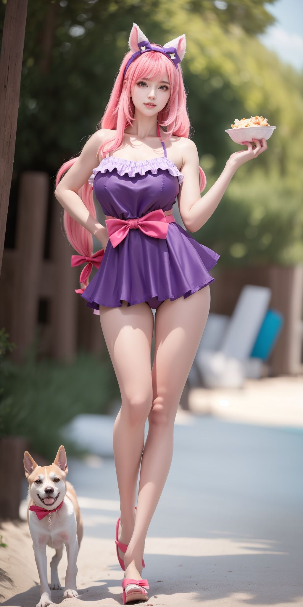 1girl, long hair, very long hair, pink hair, bow, dress, dog, low-tied long hair, animal ears, twintails, hair bow, standing,bare shoulders, food, alternate costume, purple dress, pink bow, medium breasts, (dynamic posture:1.3),bokeh,blurry background,(thighs),crossed legs,Slingshot swimsuit, red bikini,Real background, beach, trees,