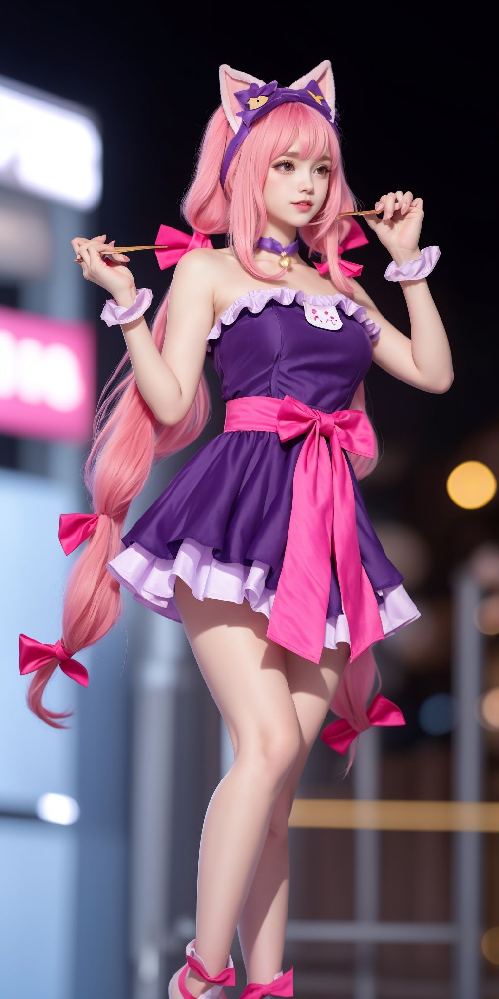 1girl, long hair, very long hair, pink hair, bow, dress, dog, low-tied long hair, animal ears, twintails, hair bow, standing,bare shoulders, food, alternate costume, purple dress, pink bow, medium breasts, (dynamic posture:1.3),bokeh,blurry background,(thighs),crossed legs,