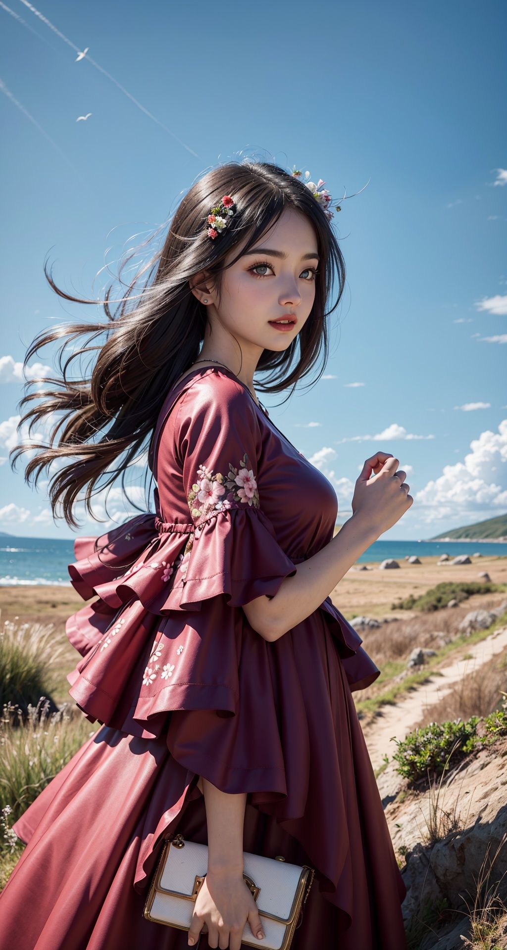 Nikon RAW photo,8 k,Fujifilm XT3,masterpiece, best quality, realistic, photorealistic,ultra detailed,1girl,solo,close up portrait,standing, beautiful blue sky,serene expression, luxury red dress, surrounded by a sea of grass,kushimaKamomeSummer