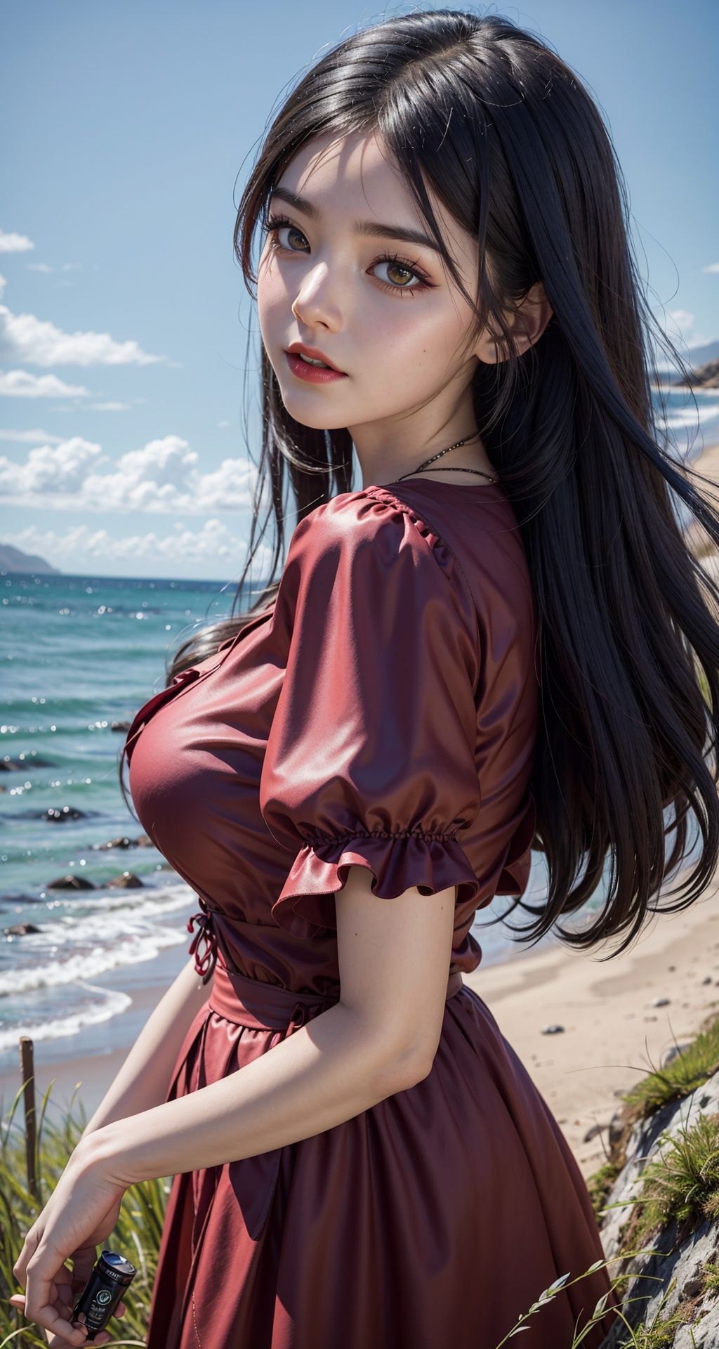 Nikon RAW photo,8 k,Fujifilm XT3,masterpiece, best quality, realistic, photorealistic,ultra detailed,1girl,solo,close up portrait,standing, beautiful blue sky,serene expression, luxury red dress, surrounded by a sea of grass,Maeylin,heejin