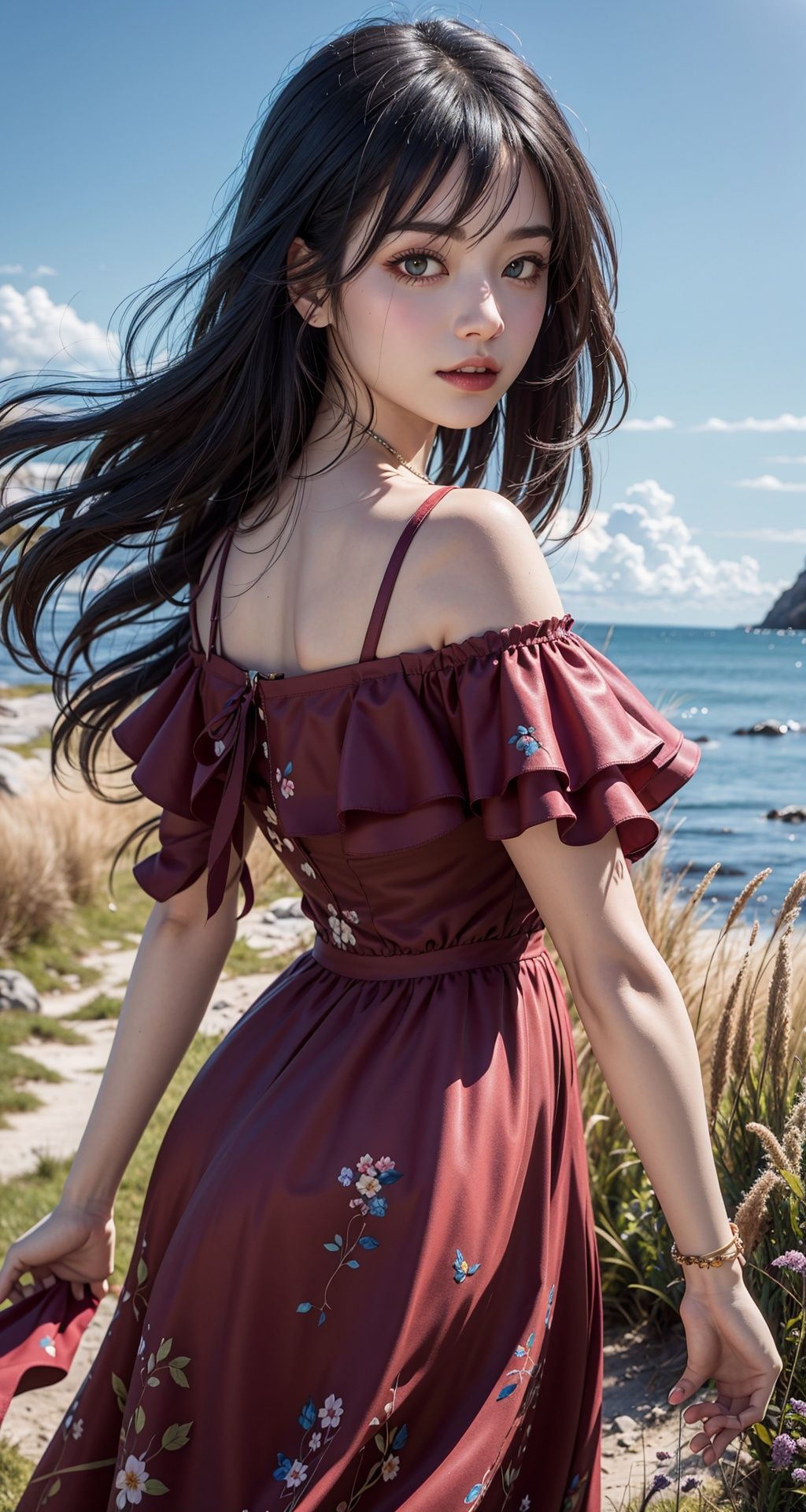 Nikon RAW photo,8 k,Fujifilm XT3,masterpiece, best quality, realistic, photorealistic,ultra detailed,1girl,solo,close up portrait,standing, beautiful blue sky,serene expression, luxury red dress, surrounded by a sea of grass,kushimaKamomeSummer