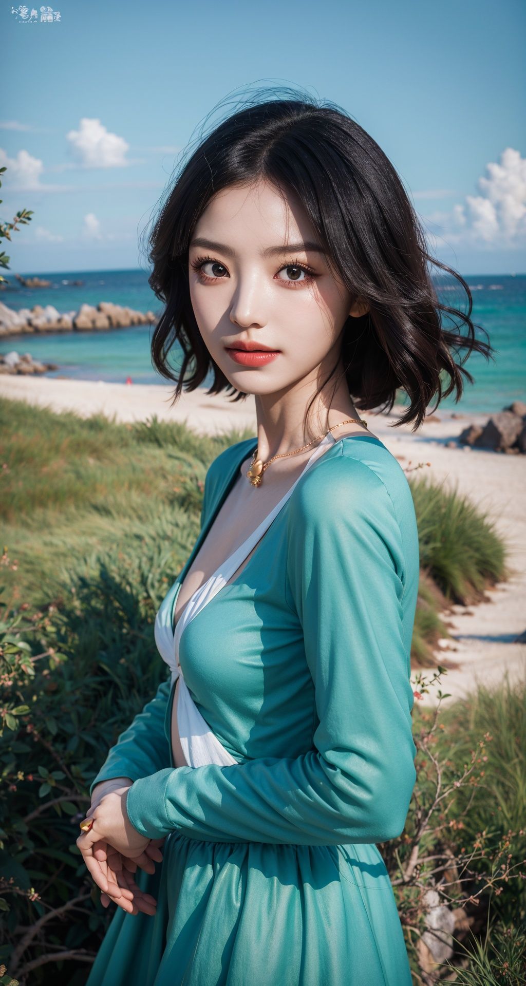 Nikon RAW photo,8 k,Fujifilm XT3,masterpiece, best quality, realistic, photorealistic,ultra detailed,1girl,solo,close up portrait,standing, beautiful blue sky,serene expression, luxury red dress, surrounded by a sea of grass,Tianxiwei, <lora:EMS-8756-EMS:0.8>