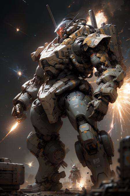 (MRS) ,super fine concept art, extremely detailed, a heavy mech, hard surface, hawken, sci-fi, battlefield, explosion, stray bullet,Milky Way Galaxy background, <lora:srd_v2:0.7>