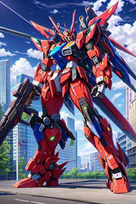 sky, cloud, holding_weapon, a (((mecha))) with sleek and menacing design, glowing, building, glowing_eyes, science_fiction, city, realistic,<lora:srd_v2_1:0.6>