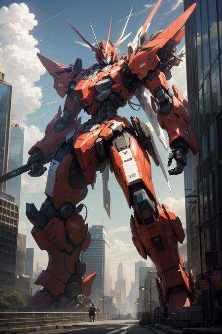 sky, cloud, holding_weapon, a (((mecha))) with sleek and menacing design, glowing, building, glowing_eyes, science_fiction, city, realistic,<lora:srd_v2_1:0.6>
