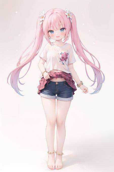1girl, clothes lift, jewelry, gradient, navel, gradient background, bracelet, solo, breasts, looking at viewer, lifted by self, long hair, open mouth, earrings, hair ornament, smile, pink hair, shirt, skirt lift, hair flower, standing, full body, bangle, shirt lift, bangs, shorts, anklet, blush, twintails, thighs, white shirt, ass visible through thighs, short sleeves, eyebrows visible through hair, see-through, midriff, collarbone, rating:questionable, thigh gap