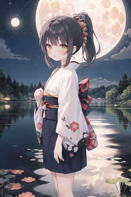 anime girl wearing white kimono and standing near a pond watching a full moon, 1girl, japanese clothes, kimono, night, solo, outdoors, yellow eyes, floral print, looking at viewer, moon, ponytail, sky, reflection, star (sky), bangs, starry sky, sash, long hair, obi, lake, night sky