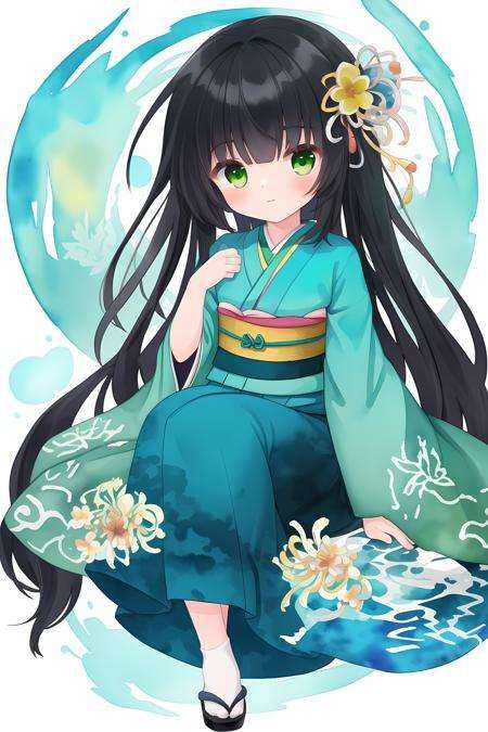 masterpiece, best quality, 1 girl, green eyes, kimono, (lycoris flower) in hair, highly detailed, high definition, long hair, , watercolor, vibrant colors, black hair with teal highlights, full body