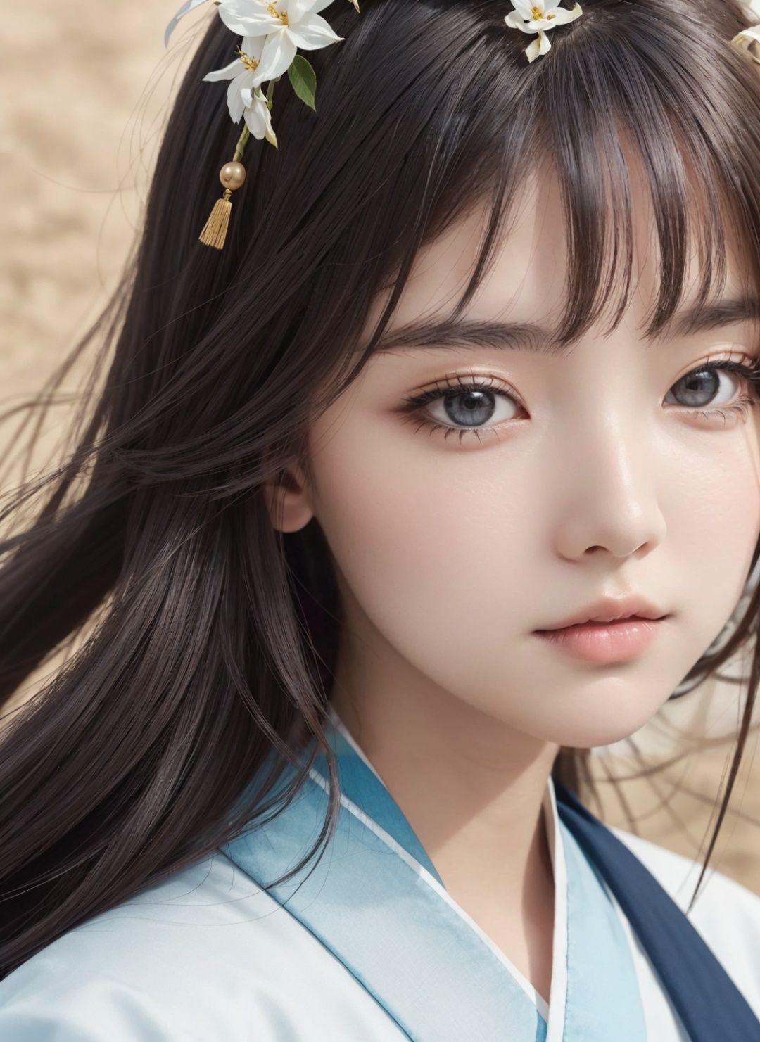 Bestquality,1girl,beautiful and delicate face,hair bun,(hanfu:1.2),(Chinese Mike_white theme),floating objects,long hair[black|yellow|brown],pupil[brown|black],lips[red|pink],flower,{{masterpiece}},{{{best quality}}},{{ultra-detailed}},{{illustration}},{{disheveled hair}},beautiful scene,clear facial features,depth of field (dof),extreme close up,Volumetric lighting,Close-Up(CU),flower headdress,