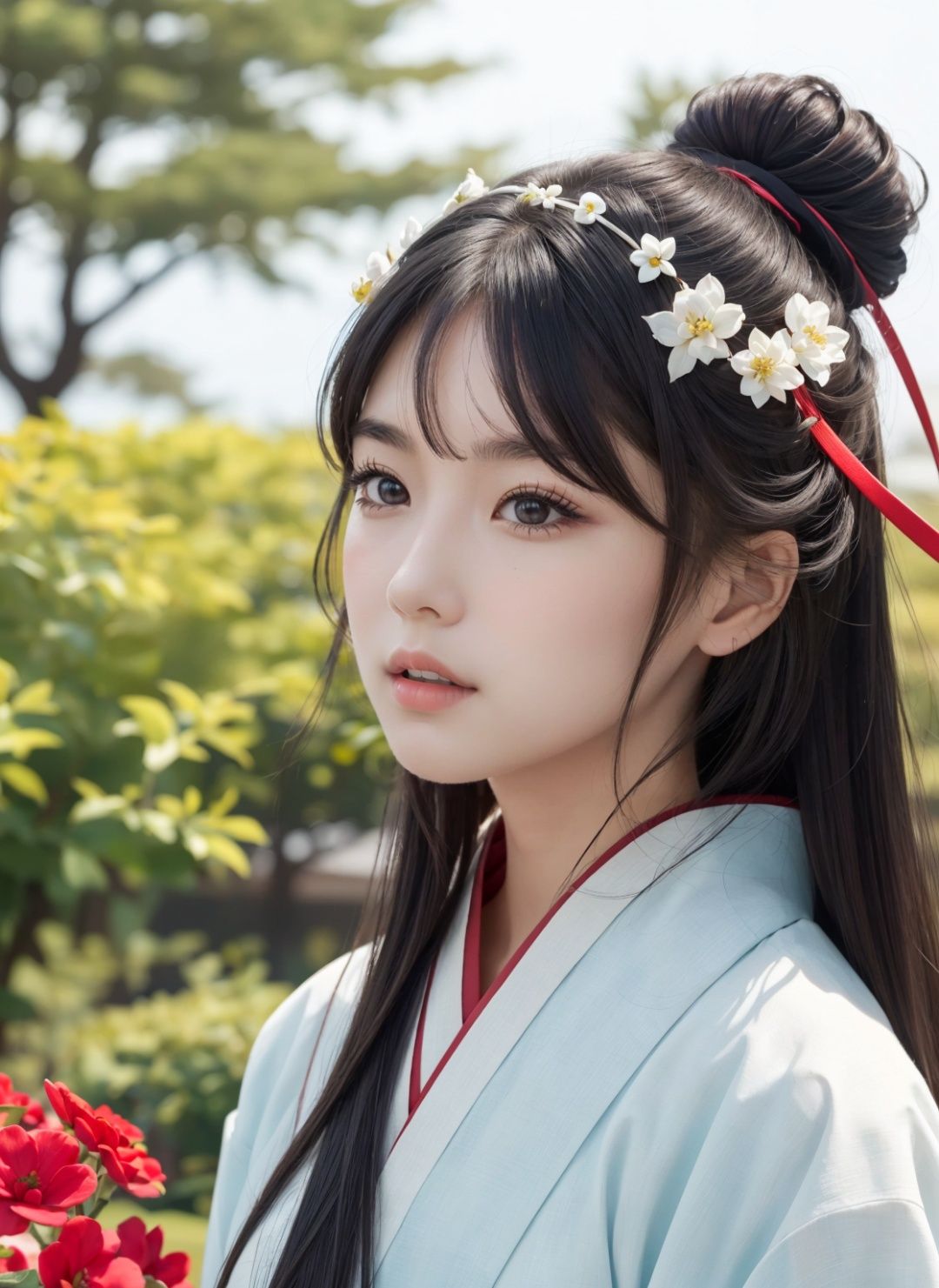 Bestquality,1girl,beautiful and delicate face,hair bun,(hanfu:1.2),(Chinese Mike_white theme),floating objects,long hair[black|yellow|brown],pupil[brown|black],lips[red|pink],flower,{{masterpiece}},{{{best quality}}},{{ultra-detailed}},{{illustration}},{{disheveled hair}},beautiful scene,clear facial features,depth of field (dof),extreme close up,Volumetric lighting,Close-Up(CU),flower headdress,