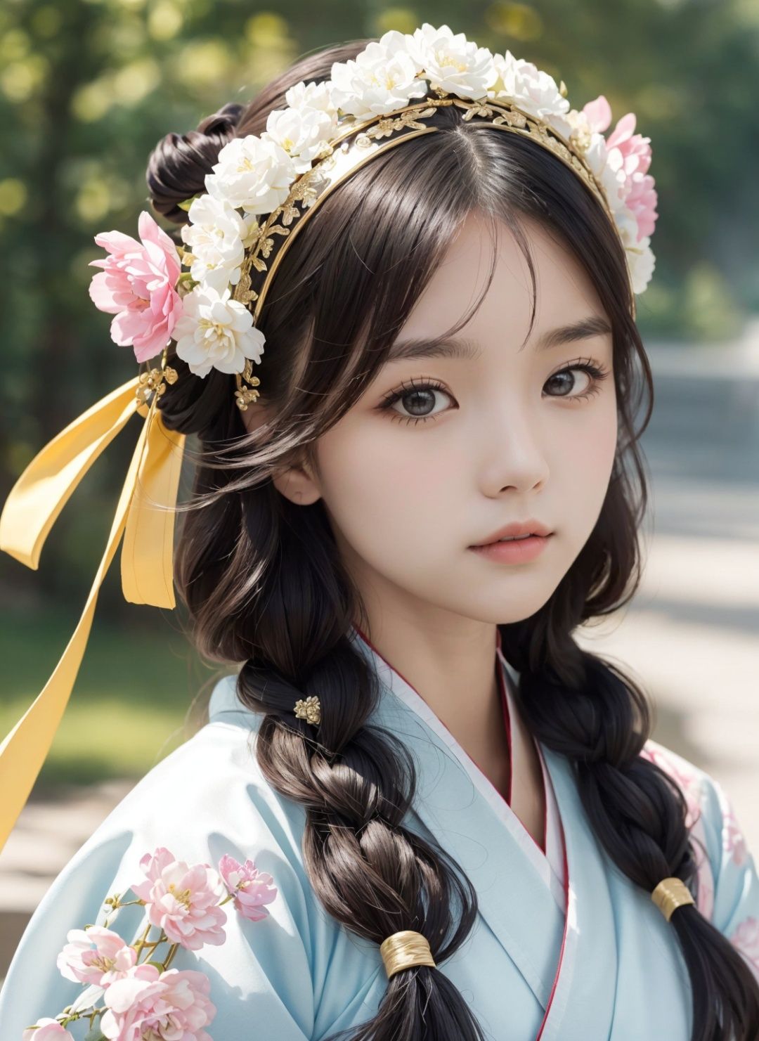 Bestquality,1girl,beautiful and delicate face,hair bun,(hanfu:1.2),(Chinese Mike_white theme),floating objects,long hair[black|yellow|brown],pupil[brown|black],lips[red|pink],flower,{{masterpiece}},{{{best quality}}},{{ultra-detailed}},{{illustration}},{{disheveled hair}},beautiful scene,clear facial features,depth of field (dof),extreme close up,Volumetric lighting,Close-Up(CU),flower headdress,