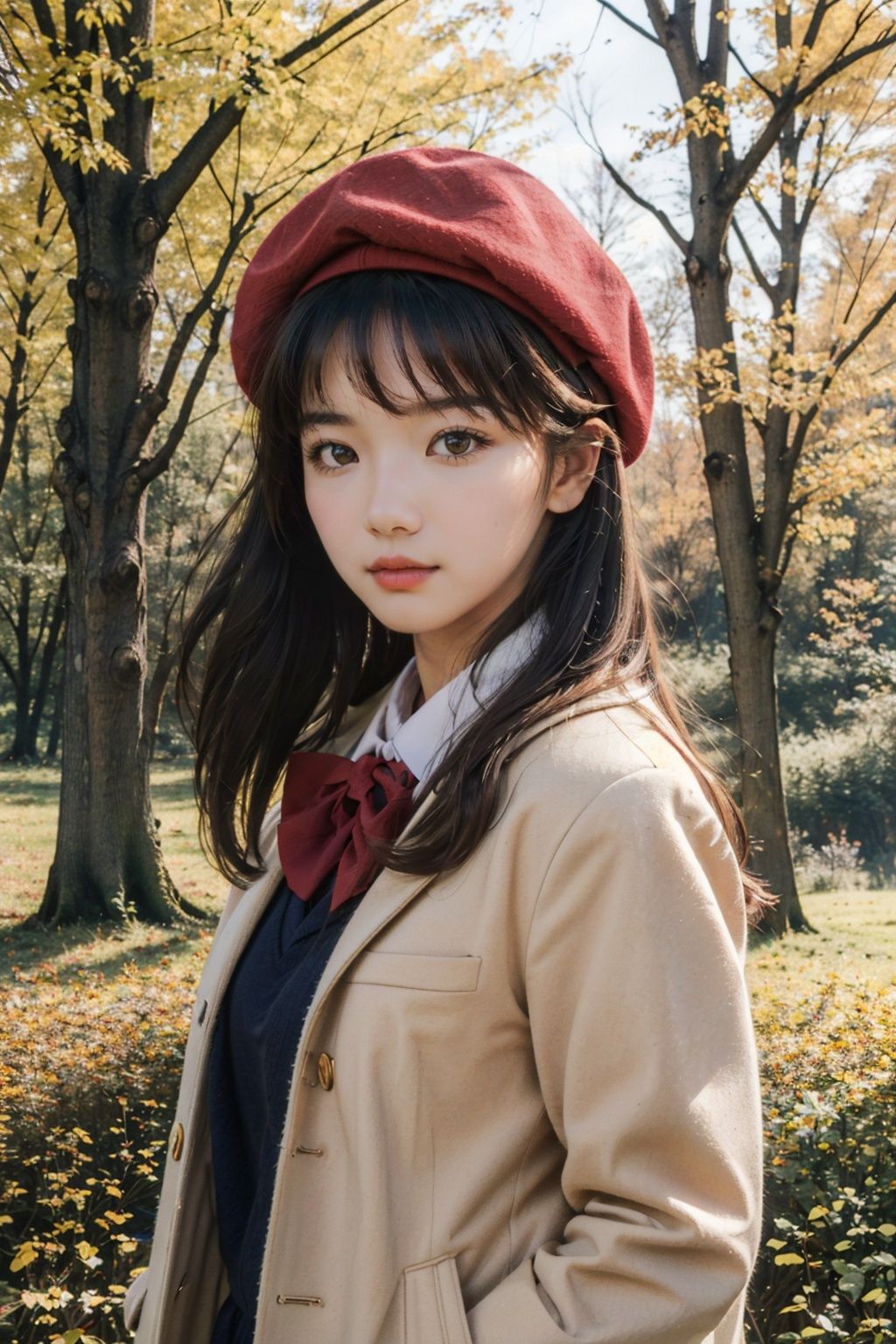 (8k, RAW photo, best quality, masterpiece:1.3),(realistic,photo-realistic:1.3),looking at viewer,soft light,1girl,forest,ginkgo biloba,autumn,outdoors,A tree with yellow leaves,Depth of field,Brown long hair,Fluffy hair,School uniform,bow,jacket,Red Beret,Air bangs,<lora:KCW_V6:0.6>,