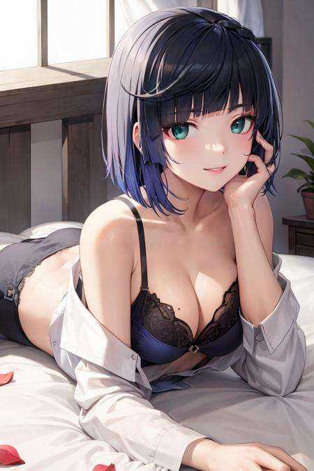 masterpiece, best quality,   <lora:yelan:1>, 1girl, yelan (genshin impact), underwear, breasts, bra, solo, green eyes, lying, black bra, mole on breast, blue hair, panties, black panties, cleavage, on stomach, smile, looking at viewer, short hair, dice, shirt, mole, bangs, white shirt, on bed, petals, curtains, lace-trimmed bra, lace trim, off shoulder, indoors, diagonal bangs, bed sheet, medium breasts, bob cut, collarbone, hand on own face, long sleeves, bed, head rest, bare shoulders
