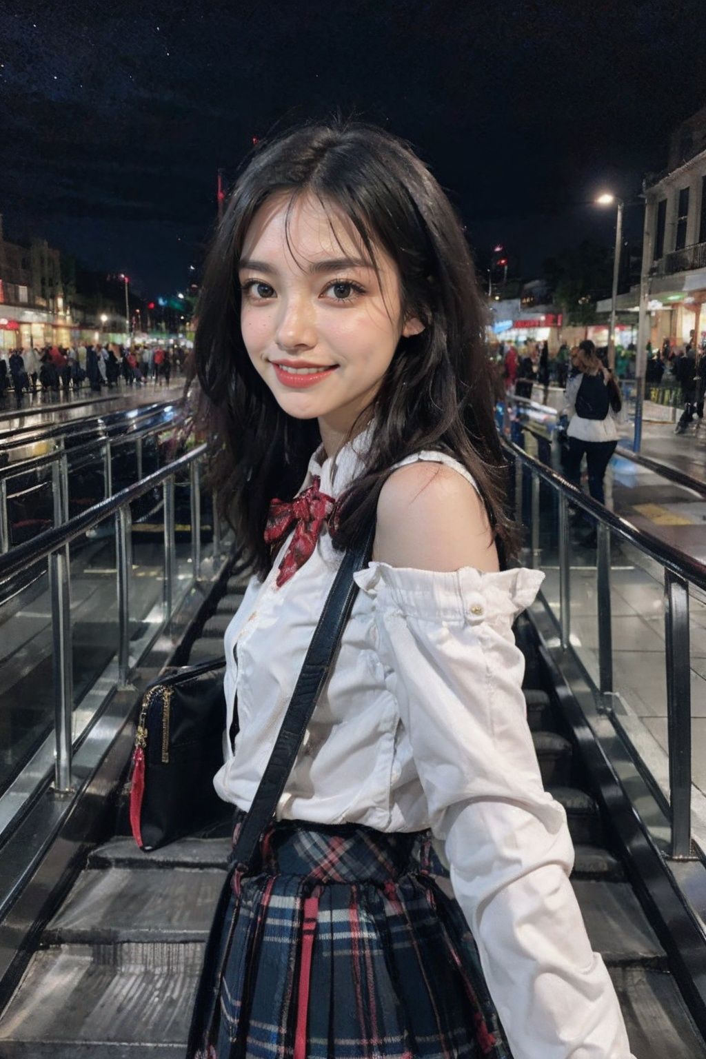 <lora:Escalatorview_v2:0.5>,1girl,(upper body:1.4),(happy,grin),building,chain-link_fence,city,cityscape,coat,fence,ferris_wheel,handbag,jacket,long_hair,long_sleeves,looking_at_viewer,(night, starry sky,outdoors:1.3),plaid,plaid_skirt,pleated_skirt,school_bag,school_uniform,shoulder_bag,skirt,sky,skyscraper,smile,solo_focus,Escalatorview, <lora:bf_style:0.5>,(bf_style:1.2),<lora:明星Liyuu 作Skald:0.4>