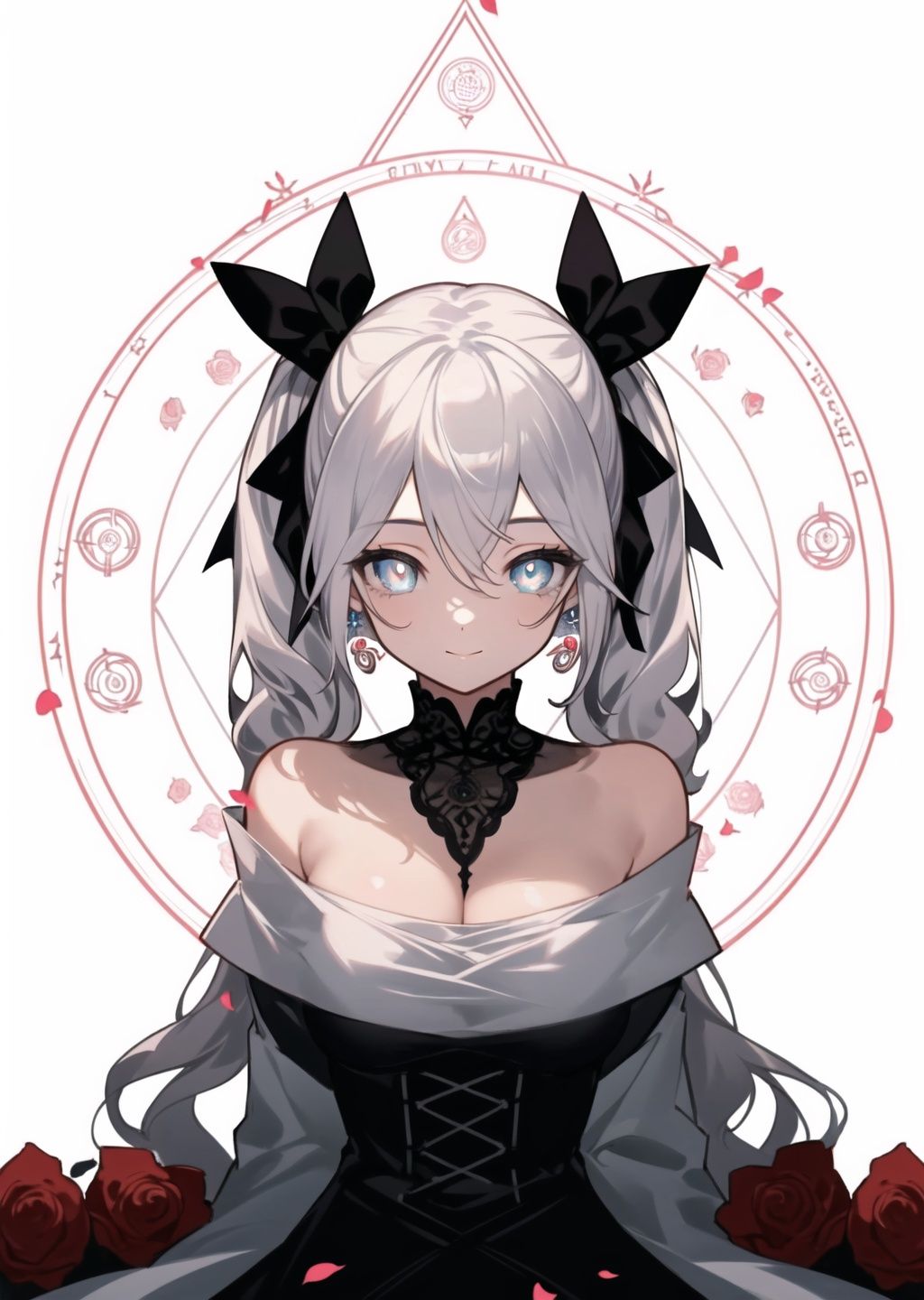 (masterpiece:1.3),(magic circle:1.3),best quality,illustration,white background,sunlight,(detailed beautiful eyes:1.3),1girl,expressionless,((wavy hair)),(disheveled hair:1.3),messy hair,long bangs,hairs between eyes,detailed extremely,sitting,((loli)),gothic_lolita,red pupils,white hair,red Surrounded by roses,A colorful tulle dress,Exquisite details,beautiful eyes,The background of a nighttime human wonderland,a magical background,fireflies,A slender and delicate beautiful face,1girl,breasts,solo,cleavage,looking at viewer,twintails,large breasts,long hair,dress,bare shoulders,bangs,ribbon,smile,upper body,hair ribbon,earrings,8K quality,realistic visuals,volumetric lighting,cinematic image quality,ultimate details,complex and exquisite details,<lora:Nijicolor_v01:0.2> <lora:立绘2 concept_master_1.0:1>,