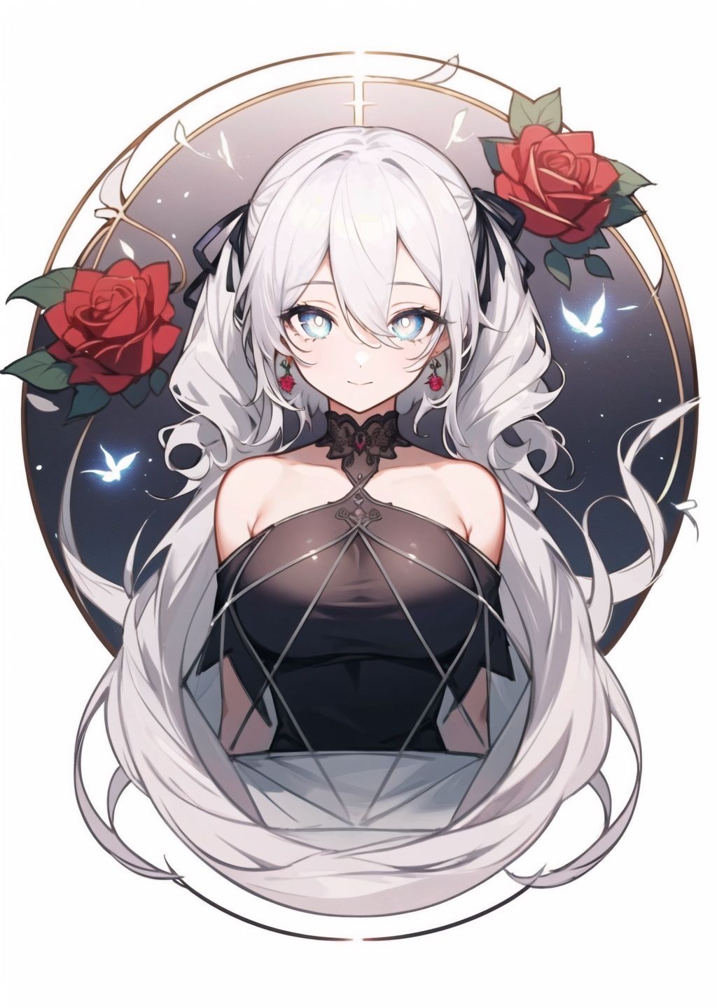 (masterpiece:1.3),best quality,illustration,white background,sunlight,(detailed beautiful eyes:1.3),1girl,expressionless,((wavy hair)),(disheveled hair:1.3),messy hair,long bangs,hairs between eyes,detailed extremely,sitting,((loli)),gothic_lolita,red pupils,white hair,red Surrounded by roses,A colorful tulle dress,Exquisite details,beautiful eyes,The background of a nighttime human wonderland,a magical background,fireflies,A slender and delicate beautiful face,1girl,breasts,solo,cleavage,looking at viewer,twintails,large breasts,long hair,dress,bare shoulders,bangs,ribbon,smile,upper body,hair ribbon,earrings,8K quality,realistic visuals,volumetric lighting,cinematic image quality,ultimate details,complex and exquisite details,<lora:Nijicolor_v01:0.2> <lora:立绘2 concept_master_1.0:1>,