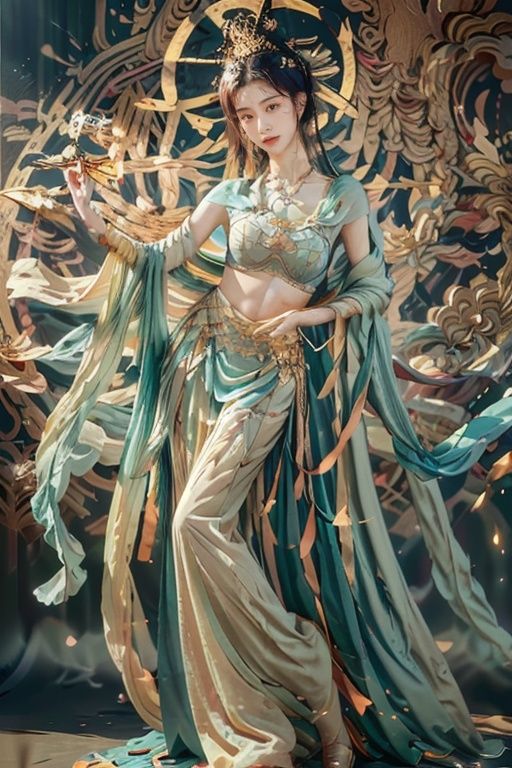 masterpiece,(best quality:1.3),ultra high res,raw photo,detailed skin,beautiful lighting,(realistic, photo-realistic:1.4),1girl,full body,dunhuang,dunhuang_background,DUNHUANG_CLOTHS
