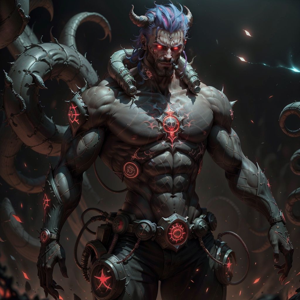 <lora:DemonicTech-20:0.8>, demonictech , scifi,man, <lora:Gigachadv1:0.65> gigachad, colored glowing hair ,