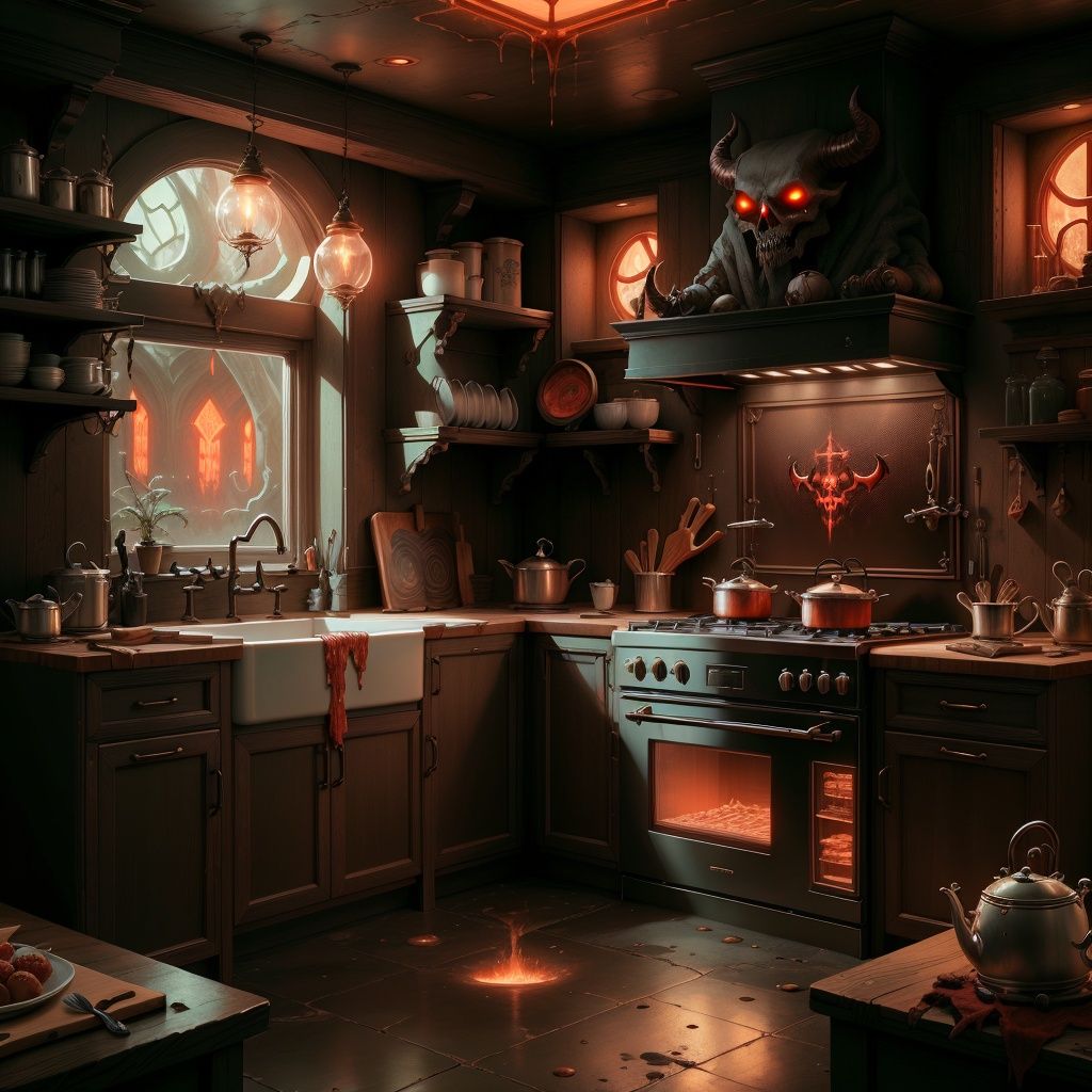 <lora:DemonicTech-20:0.8>, demonictech , scifi,   kitchen, 