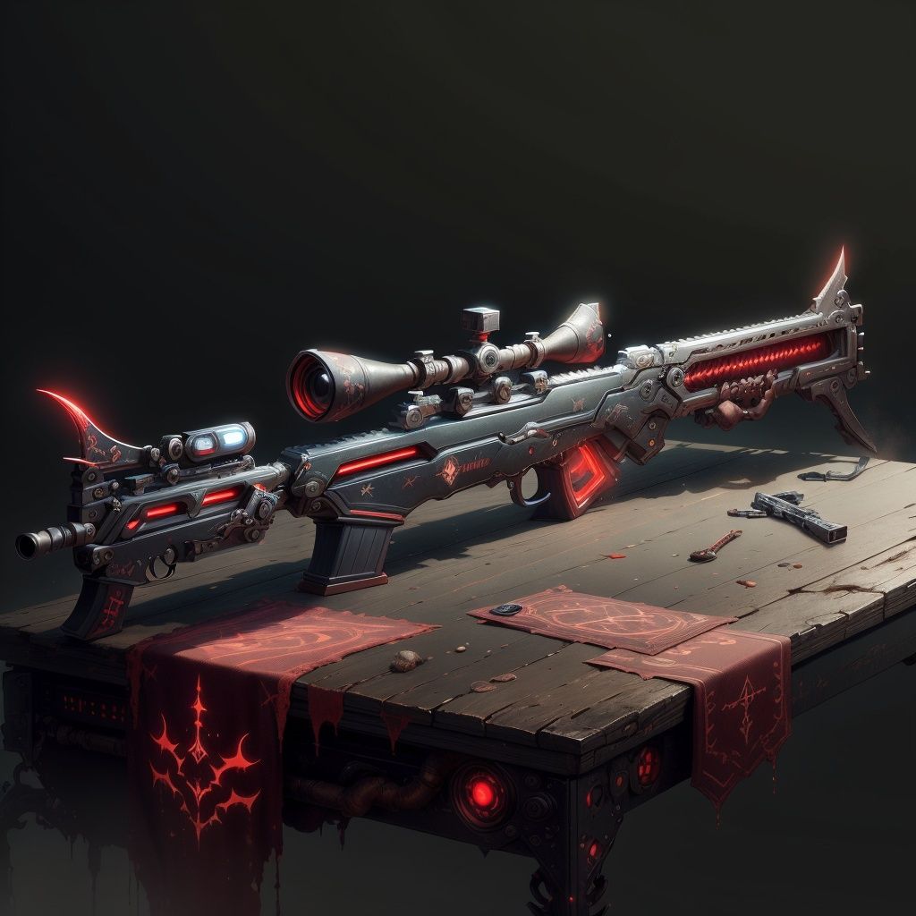 <lora:DemonicTech-20:0.8>, demonictech , scifi,  rifle on a table, (simple background:1.3)
