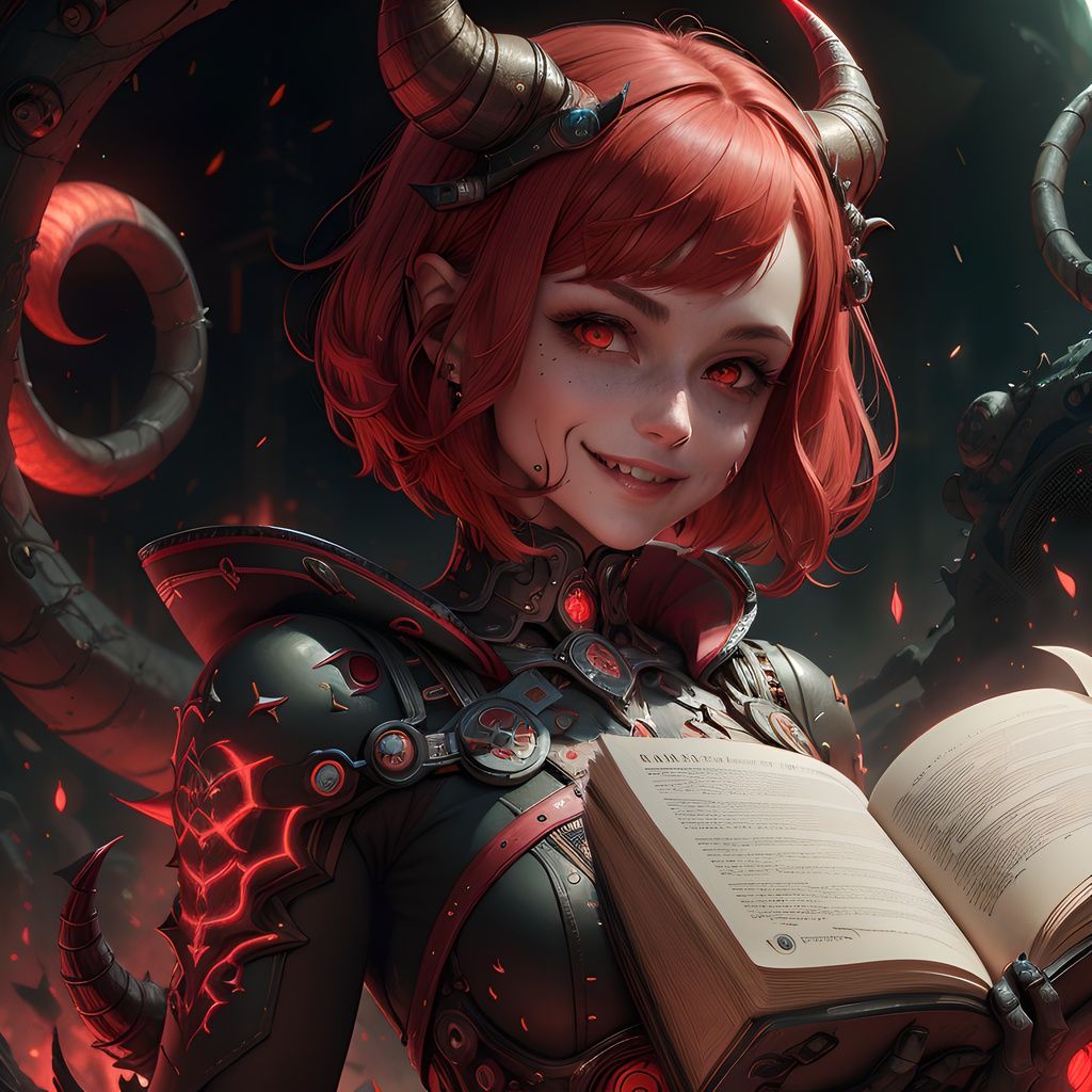 <lora:DemonicTech-20:0.8>, demonictech , scifi,scholar , scroll, 1girl,  red hair, glowing eyes, smile ,closed mouth,bob cut, 
