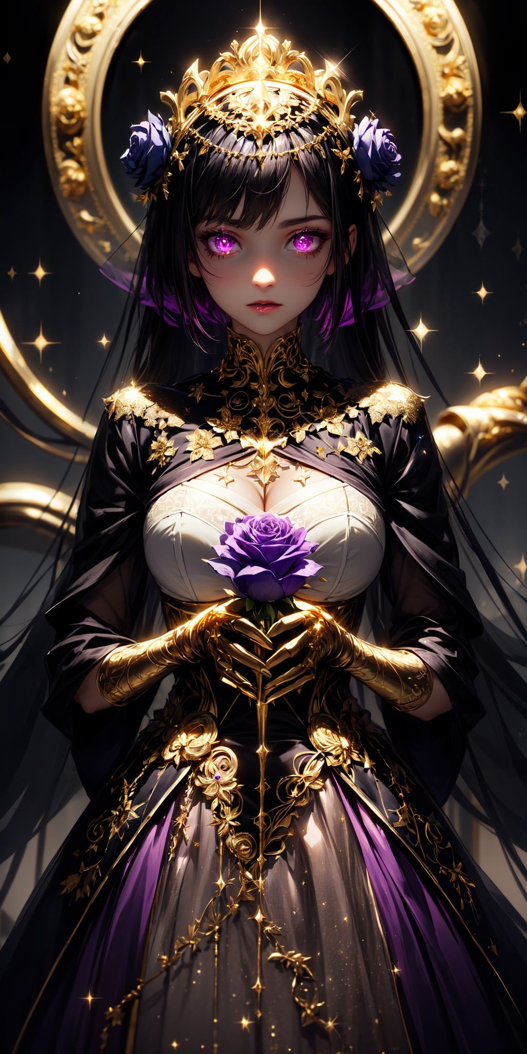 (intricate details), (****), eldritch, (nightmare), purple, (teal:1.1), (black:0.9), insane, horror \(theme\), glow, glowing eyes, (sparkly gold:1.4), glowing eyes,holding  a red rose