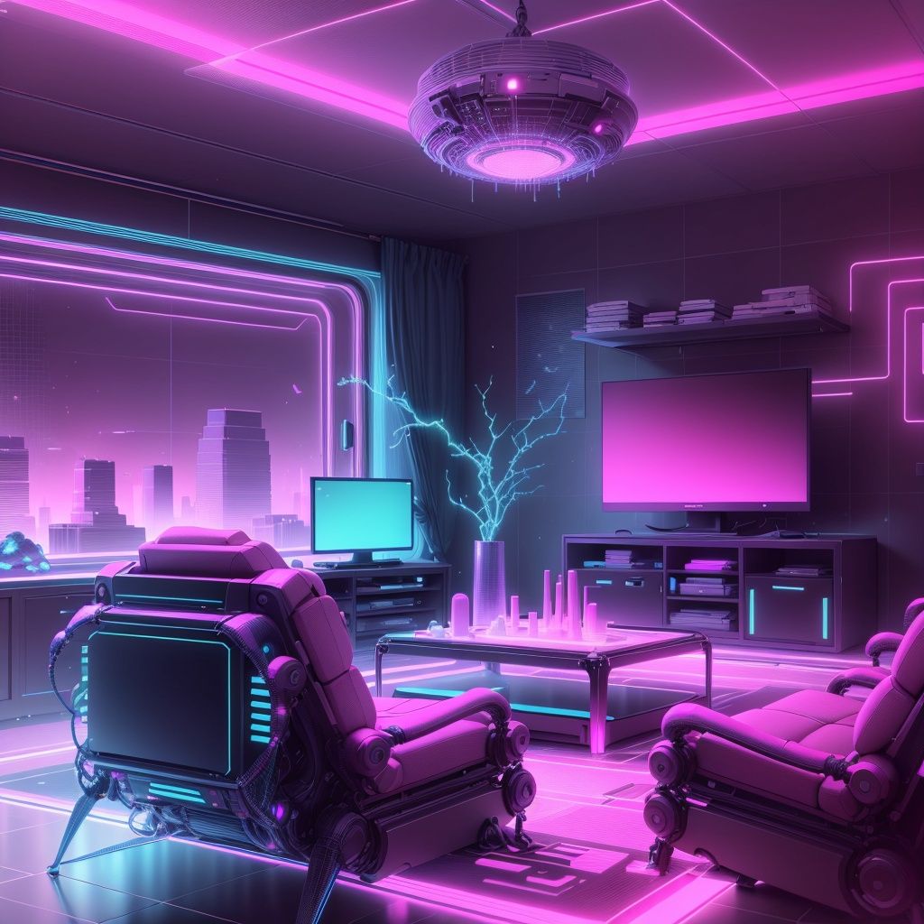 <lora:RetrowaveTech-20:0.8>,retrowavetech ,scifi, virtual, vaporwave , wireframe ,living room, 