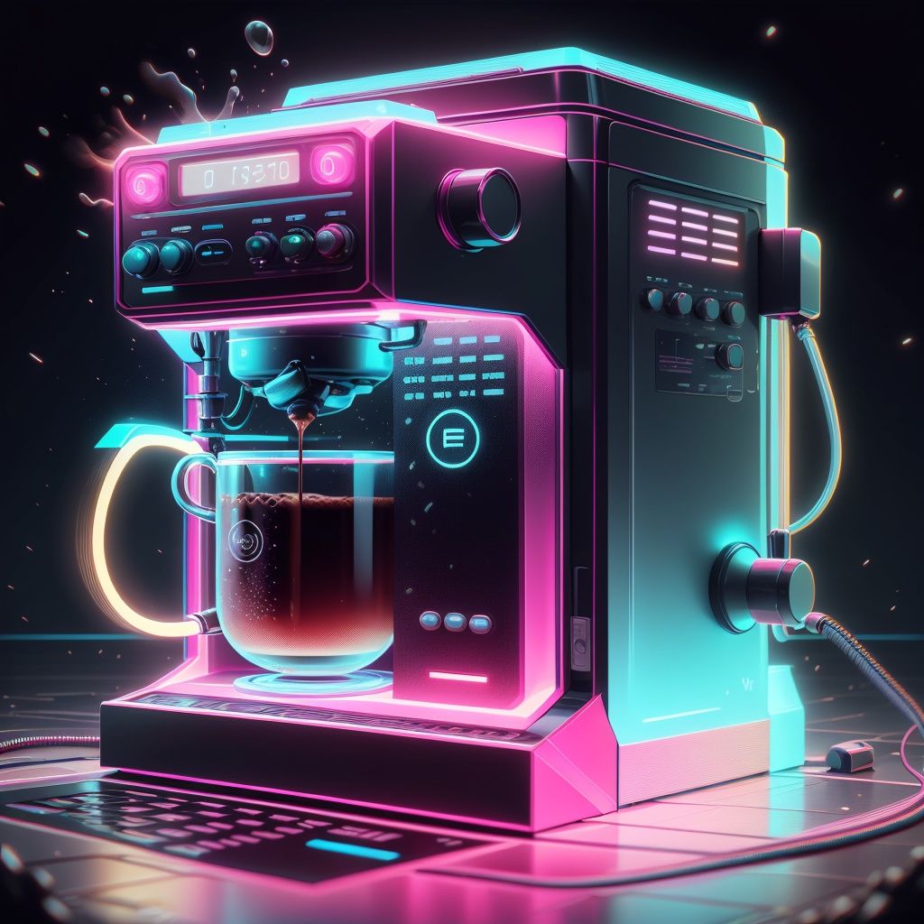 <lora:RetrowaveTech-20:0.8>,retrowavetech ,scifi, virtual, vaporwave,wirefrme ,coffee machine , coffee mug,