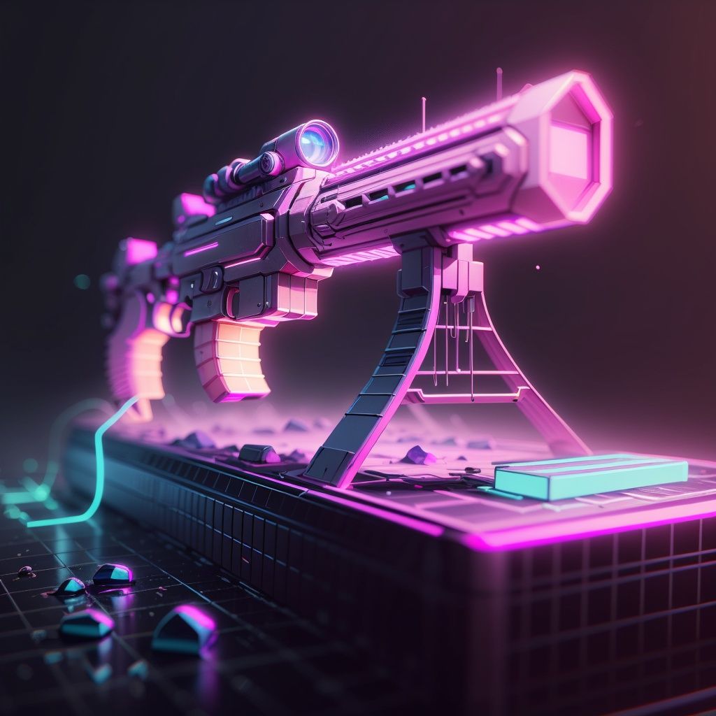 <lora:RetrowaveTech-20:0.8>,retrowavetech ,scifi, virtual, vaporwave , wireframe ,rifle on a table, (simple background:1.3)