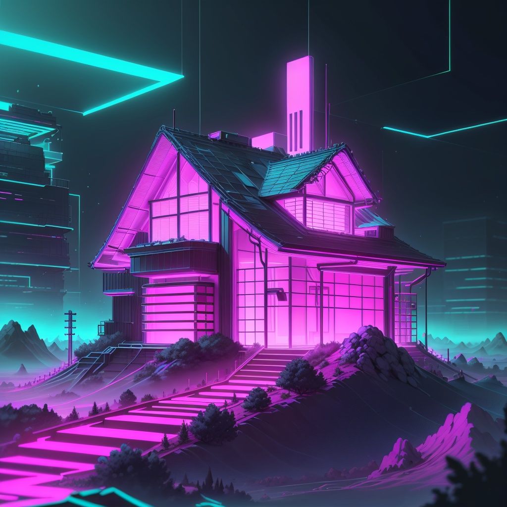 <lora:RetrowaveTech-20:0.8>,retrowavetech ,scifi, virtual, vaporwave , wireframe ,  house on a hill
