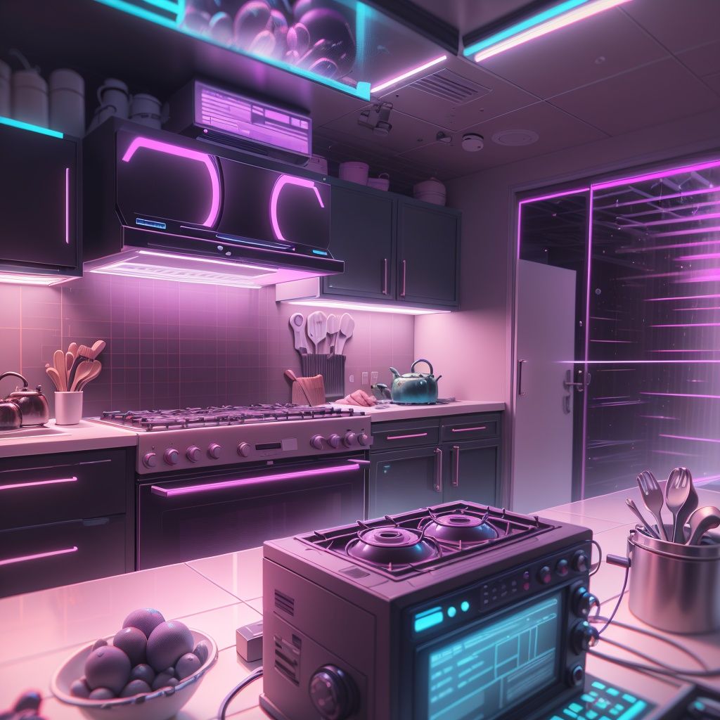 <lora:RetrowaveTech-20:0.8>,retrowavetech ,scifi, virtual, vaporwave , wireframe ,  kitchen, 