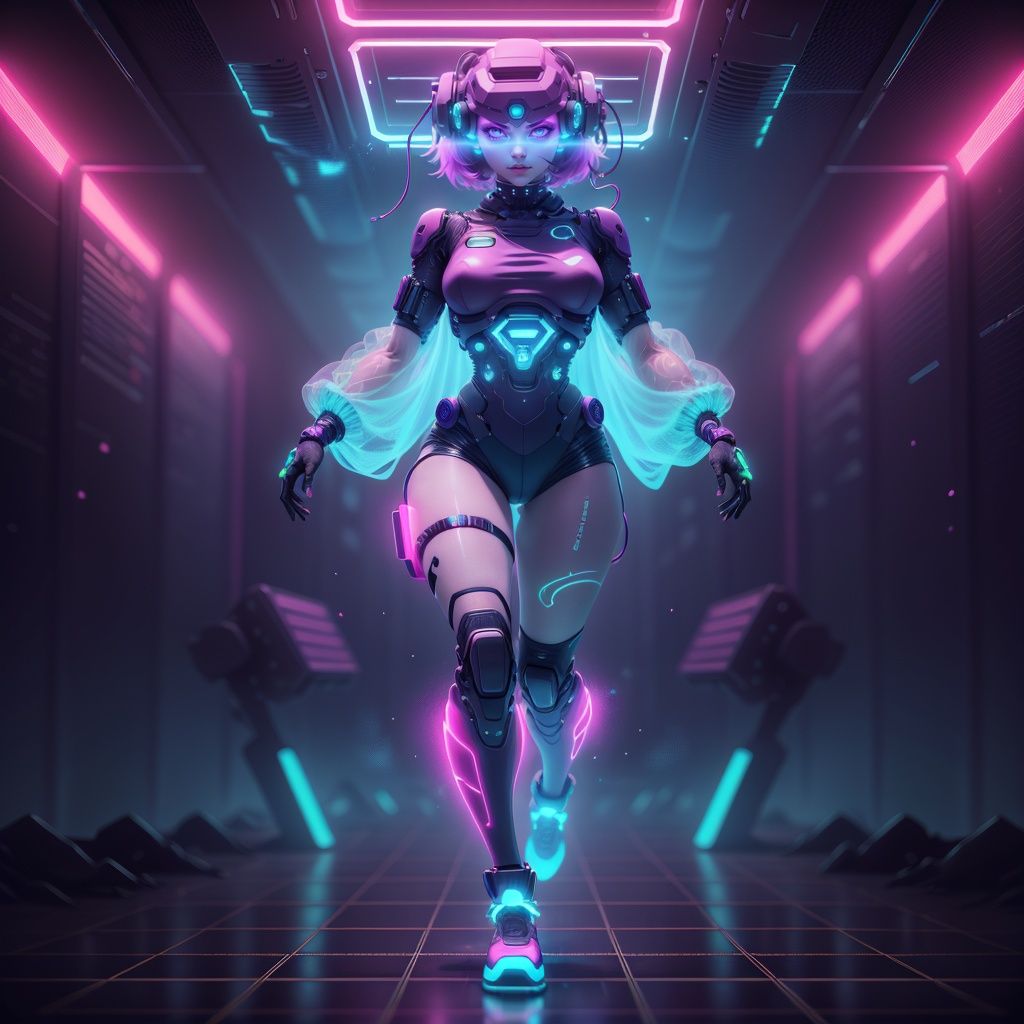<lora:RetrowaveTech-20:0.8>,retrowavetech ,scifi, virtual, vaporwave,wirefrme ,see-through, transparent, hologram, 1girl, tattoos, glowing tattoos, glowing eyes, colored glowing hair , full body,
