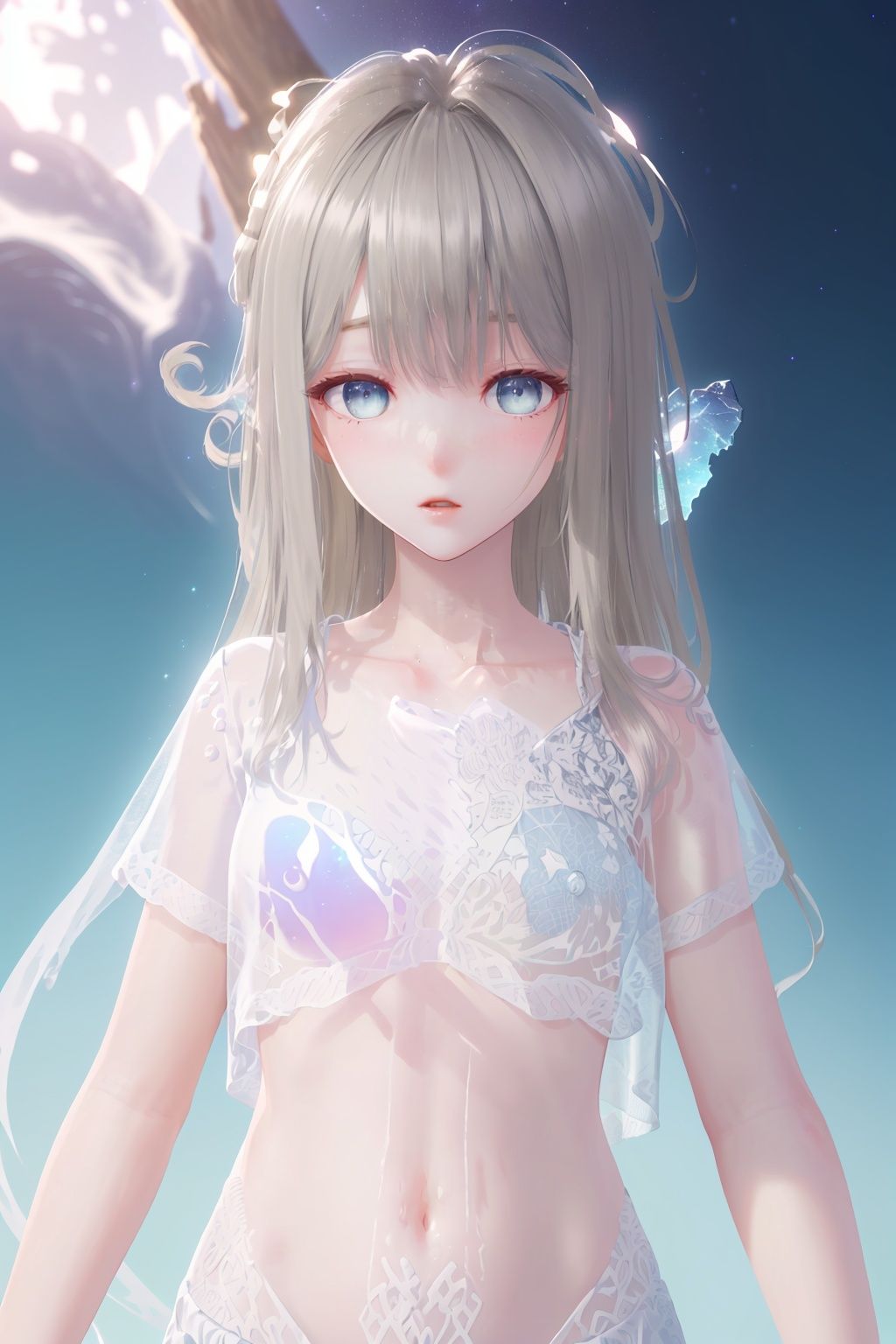 Masterpiece, stunning, fine detail, best quality, official art, extremely detailed CG unified 8k wallpaper, beautiful detail glow, best lighting,(solo:1.2),((High transparency body)and(Upper body of transparent ghost-girl)and (highly clear skin)and (highly transparent messy hair)and (Total body balance)),Extremely and detailed,<lora:luming2:0.75>Starry sky background,wind,nebula-background 