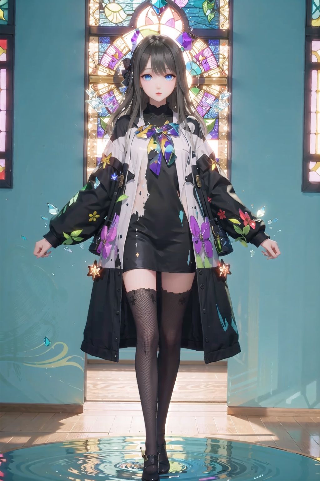 ｛Glass painting｝,（stained glass）,God Light,colorful ,story,1girl,black_hair,blue_eyes,hair_ornaments,full_body,coat,, <lora:EMS-591-EMS:0.2>, <lora:EMS-8703-EMS:0.7>