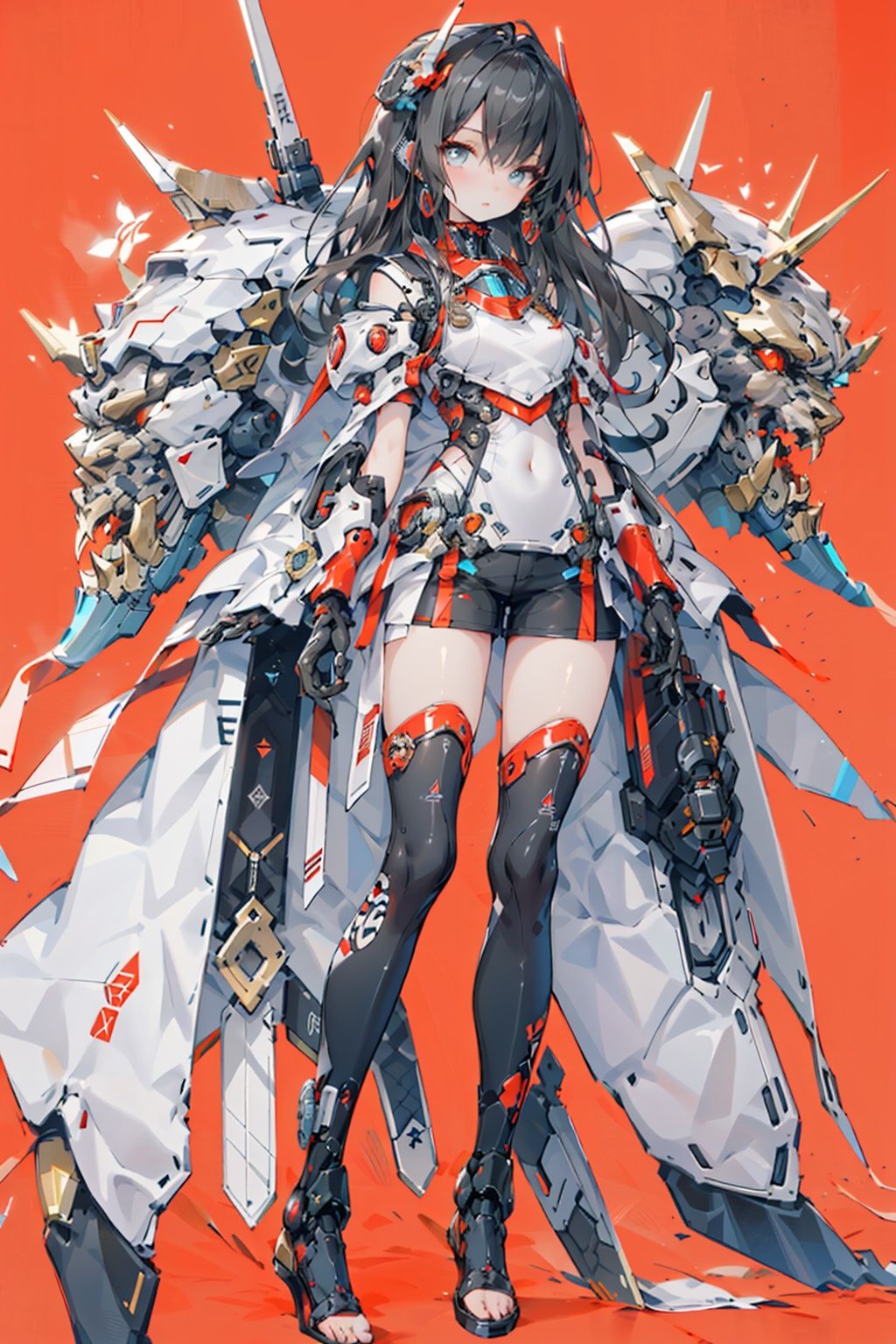 Masterpiece, masterpiece, exquisite wallpaper, cute girl, beautiful girl, wearing a black and red mecha set, simple background, red background,Mecha warrior,,Mecha,32k,machinery,1girl,black_hair,blue_eyes,hair_ornament,full_body,, <lora:EMS-285-EMS:0.5>, <lora:EMS-459-EMS:0.8>, <lora:EMS-8703-EMS:0.5>