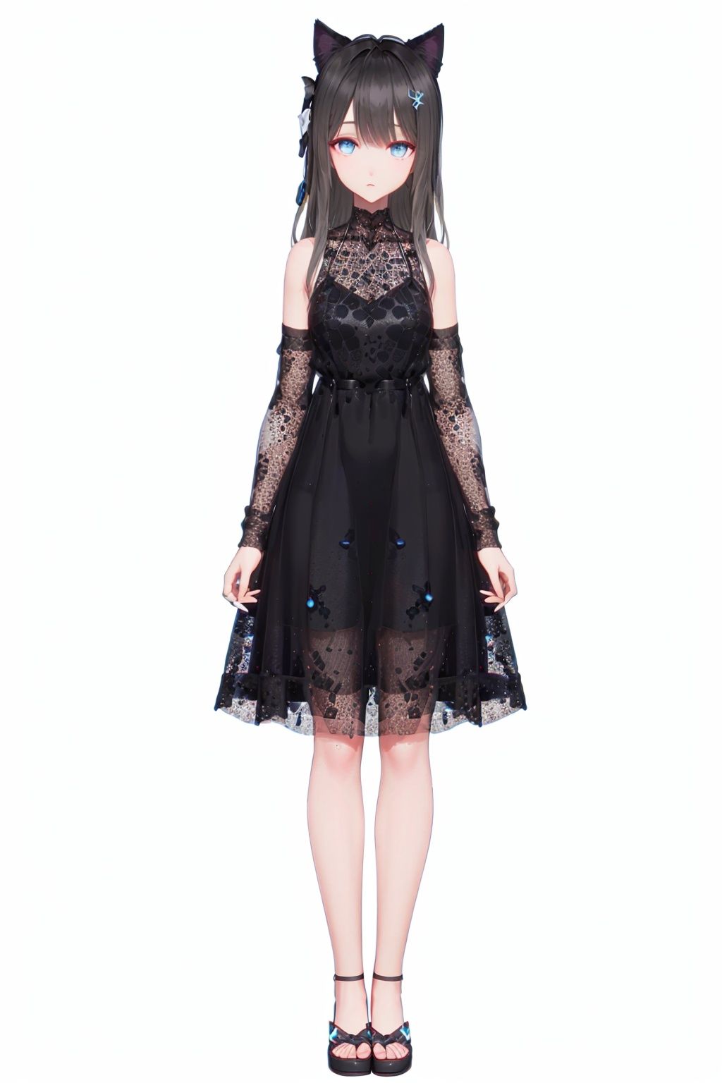 (8k, best quality, masterpiece), (ultra-detailed:1.1), (high detailed skin),(full body:1.1),black lace dress, black dress, cat ears, cute,<lora:luming2:0.75>,1girl,black hair, blue eyes, hair ornament,(glowing eyes:1.1), (fashion make up), (white background, simple background:1.4)
