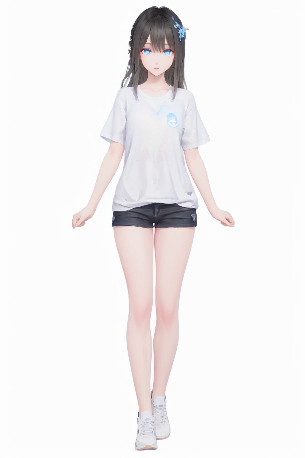 (8k, best quality, masterpiece), (ultra-detailed:1.1), (high detailed skin),(full body:1.1),blue t-shirt, cute,,1girl,black hair, blue eyes, hair ornament,(glowing eyes:1.1), (fashion make up), (white background, simple background:1.4), <lora:EMS-8703-EMS:0.8>