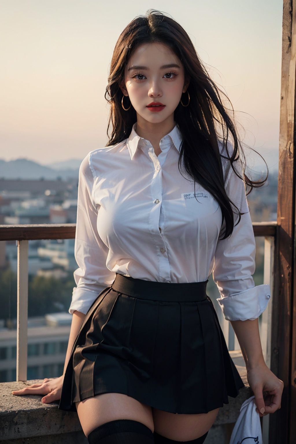 (best quality, 8k, 32k, masterpiece, UHD:1.2), (realistic, photorealistic:1.4), ultra highres, RAW photo, 1girl, thighhighs, see-through, Shirt, skirt,school uniform, Earrings sexy pose, long hair, large breasts, <lora:bra visible through white shirt:0.85>