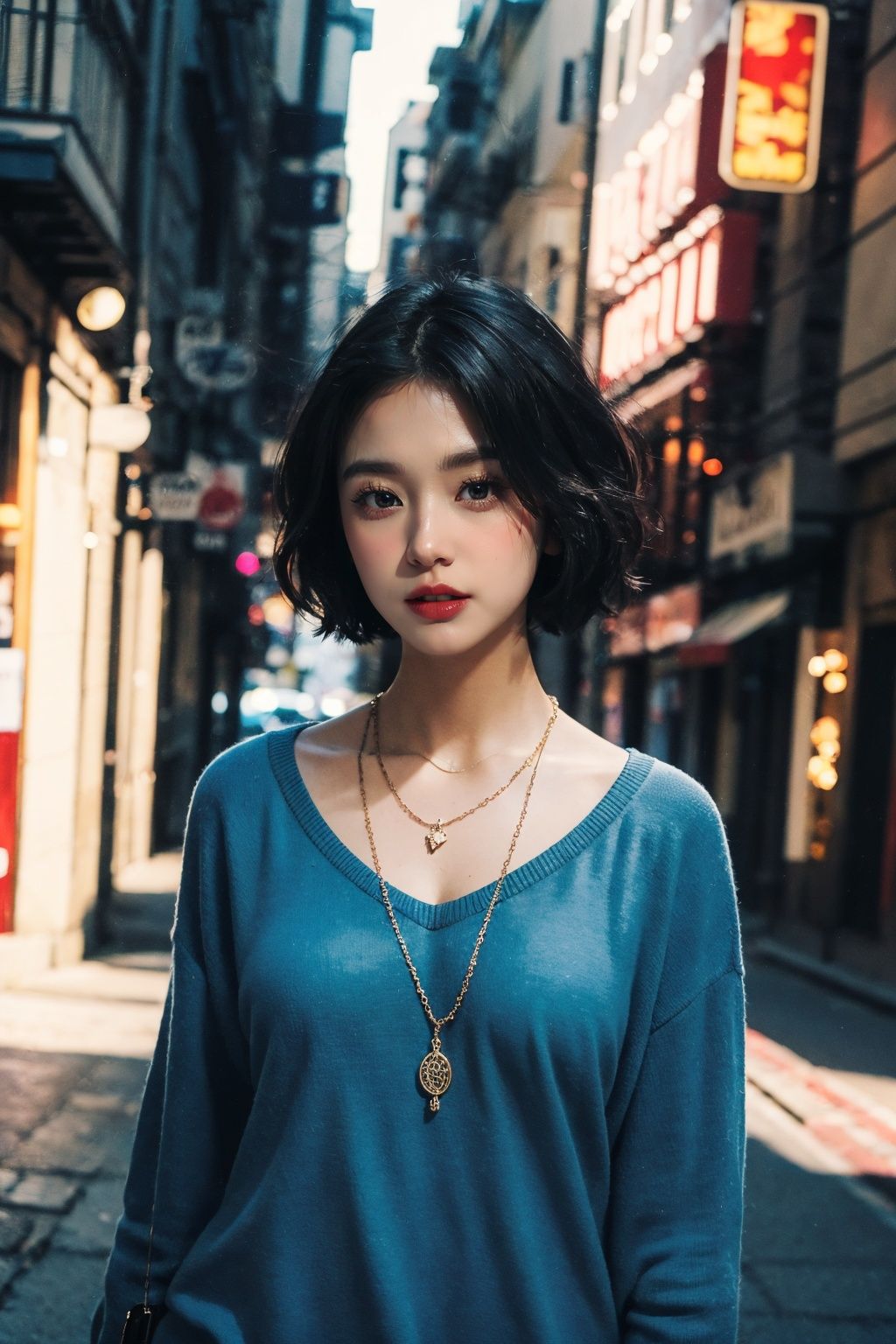 masterpiece, best quality, realistic, 8k, official art, cinematic light, ultra high res, 1girl,  standing, day, sunlight, light on face, jewelry ,necklace ,Tie, Mohawk, HighSFW, city, tilt shift<lora:JPfilmColor_Heavy_grain:0.5> <lora:lowra_v10:0.5>, 