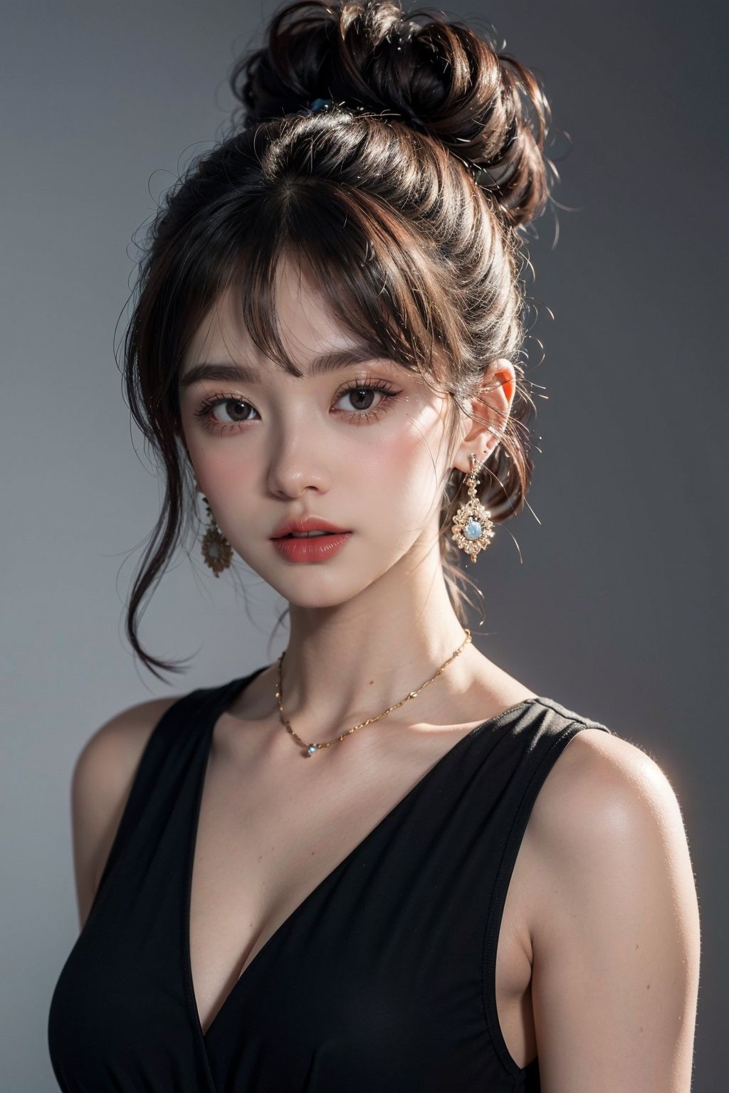 official art, unity 8k wallpaper, (ultra detailed), beautiful and aesthetic, beautiful, masterpiece, best quality,Calming Palette, Tranquil Mood, Soft Shading,  jewelry ,earrings , Messy bun, Tails,