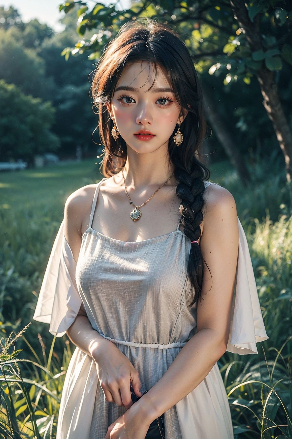 masterpiece, best quality, realistic, 8k, official art, cinematic light, ultra high res, 1girl,  standing, day, sunlight, light on face, jewelry ,earrings ,Medallion, Cornrows, shosei, grass, Kodak portra 400<lora:JPfilmColor_Heavy_grain:0.5> <lora:lowra_v10:0.5>, 