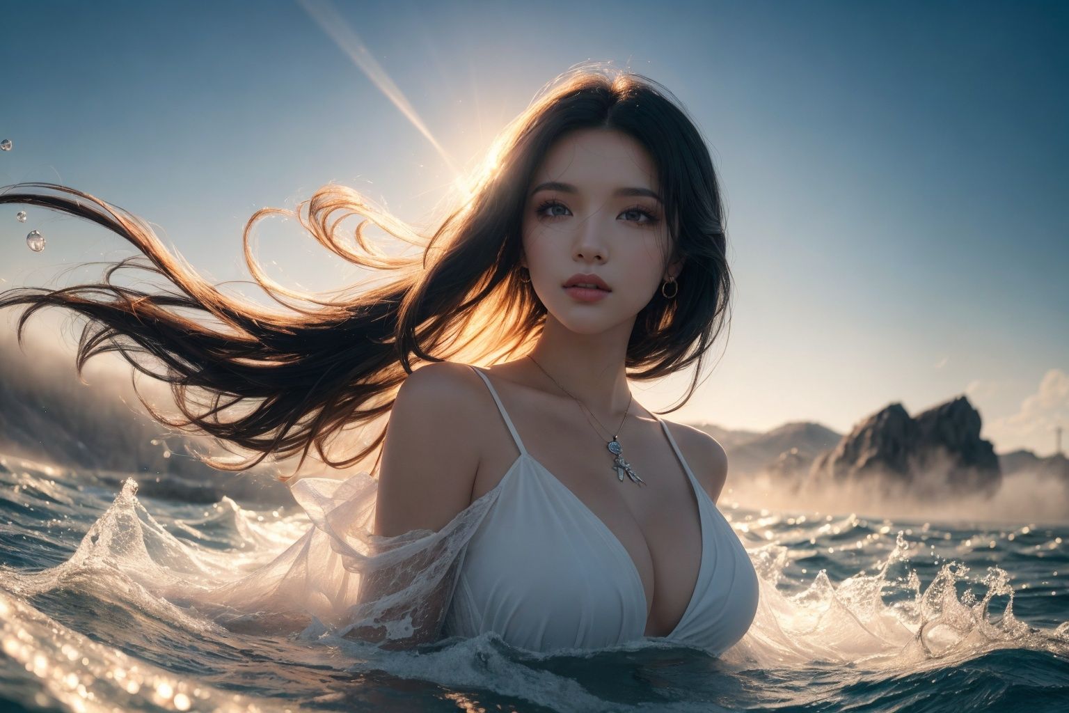 1 girl,(soft blending:1.2),fluid colors,fantasy,dream world:1.8,Fantasy Style,fantastic water world,the theme of blue and white,delicate makeup,light makeup,{{masterpiece}},{{{best quality}}},{{ultra-detailed}},{{illustration}},{{disheveled hair}},Dreamy Atmosphere,Hazy Atmosphere,depth of field (dof),Chest Shot(MCU),Mid shot,rim lights,snowfield,floating hair,lens flare,overexposure,caustics,chromatic aberration,glass strips,beautiful detailed sky,dark intense shadows,floating objects,<lora:KCW_V6:0.6>,, (masterpiece:1.1, highres:1.4),1 girl,(soft blending:1.2),fluid colors,dreamy washes,fantasy,dream world:1.8,cowboy shot,Fantasy Style,<lora:kav3-02:0.7:1,1,1,1,1,0,0.2,0,0.8,1,1,0.2,0,0,0,0,0>,
