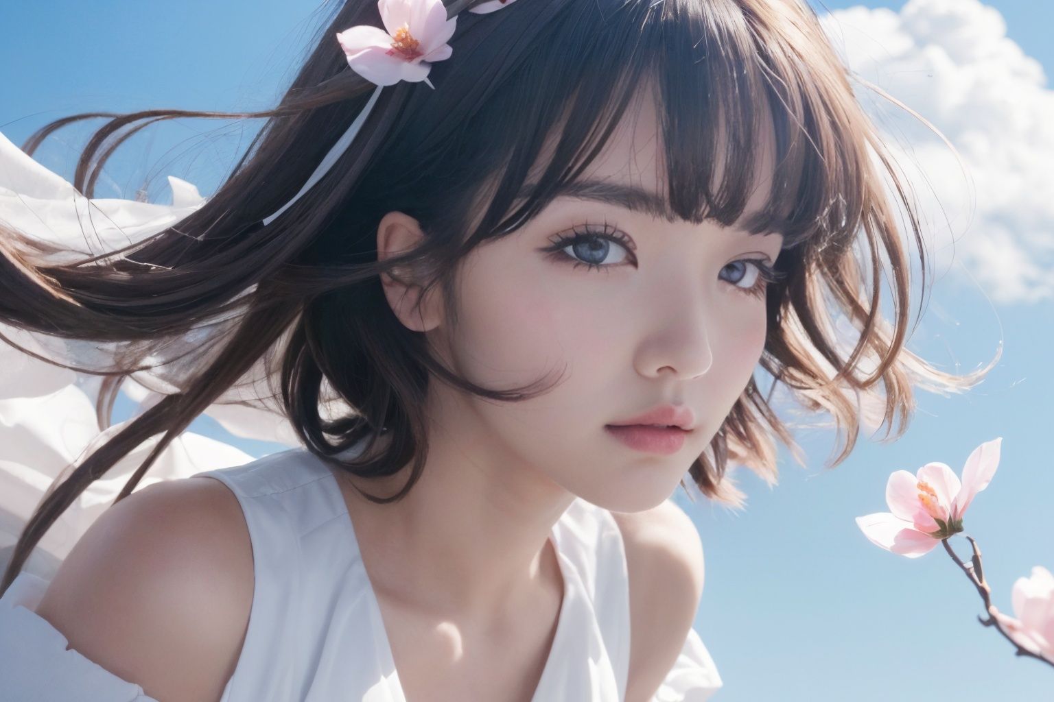 masterpiece,best quality,beautiful detailed sky,illustration,1girl,solo,ultra-detailed,an extremely delicate and beautiful little girl,beautiful detailed eyes,side blunt bangs,hair between eyes,ribbon,bowtie,buttons,bare shoulders,blank stare,pleated skirt,close to viewer,breeze,flying splashes,flying petals,wind,{{masterpiece}},{{{best quality}}},{{ultra-detailed}},{{illustration}},{{disheveled hair}},Whimsical Atmosphere,surrealism,depth of field (dof),Close-Up(CU),medium close up,mood lighting,<lora:KCW_V6:0.6>,<lora:EMRXMix_Demo_2:0.7>,