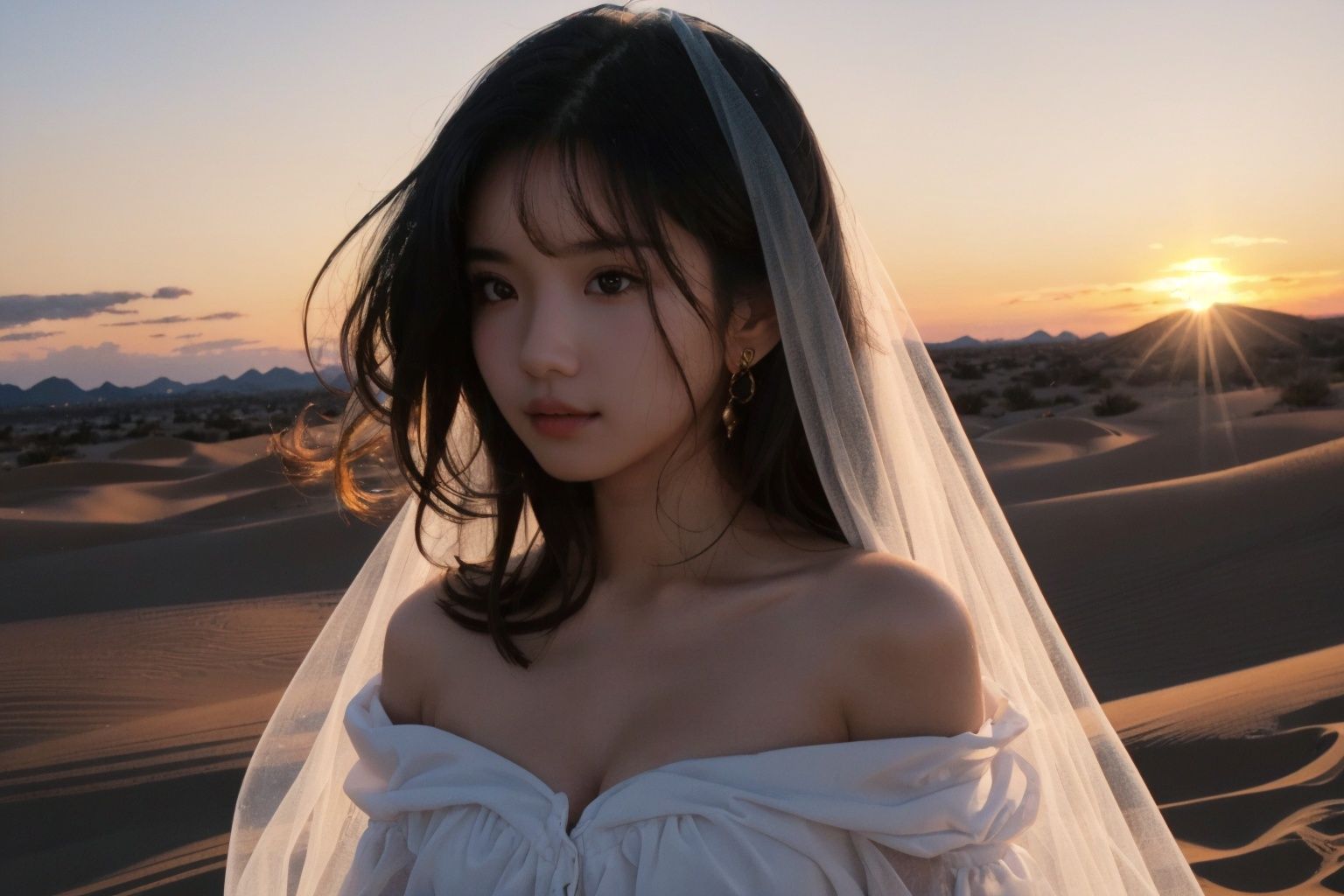 1girl,illustration,watercolor,sleepy,sunset,looking at viewer,upper body,bare shoulders,cinematic lighting,surrounded by heavy floating sand flow and floating sharp stones,detailed beautiful desert with cactus,extremely detailed eyes and face,ink,depth of field,extremely detailed,anime face,dramatic angle,medium breasts,8k wallpaper,bright eyes,an detailed organdie dress,messy long hair,veil,golden bracelet,long yarn,lens flare,light leaks,medium wind,detailed beautiful sky,{{masterpiece}},{{{best quality}}},{{ultra-detailed}},{{illustration}},{{disheveled hair}},Whimsical Atmosphere,surrealism,depth of field (dof),Close-Up(CU),medium close up,mood lighting,white and clean skin,<lora:KCW_V6:0.6>,<lora:FUJI_V1:0.7>,