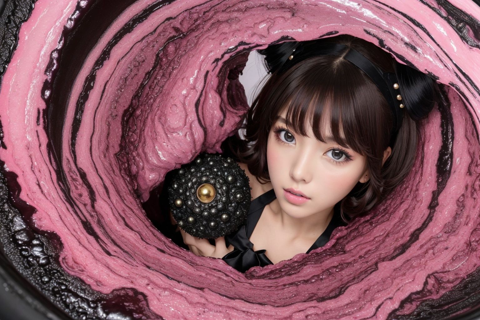 best quality,masterpiece,highres,beautiful eyes,BREAK,(magical girl:1.5),pov,(pink sludgy azathoth:1.5),(torn bodysuit with hole:1.3),1girl,solo,