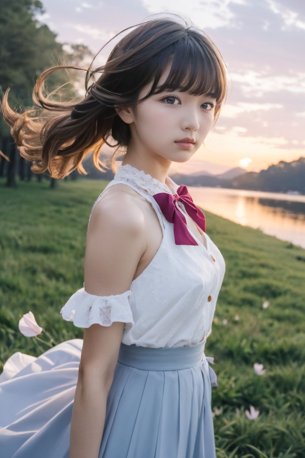 masterpiece,best quality,beautiful detailed sky,illustration,1girl,solo,ultra-detailed,an extremely delicate and beautiful little girl,beautiful detailed eyes,side blunt bangs,hair between eyes,ribbon,bowtie,buttons,bare shoulders,blank stare,pleated skirt,close to viewer,breeze,flying splashes,flying petals,wind,{{masterpiece}},{{{best quality}}},{{ultra-detailed}},{{illustration}},{{disheveled hair}},Whimsical Atmosphere,surrealism,depth of field (dof),Close-Up(CU),medium close up,mood lighting,<lora:KCW_V6:0.6>,<lora:EMRXMix_Demo_2:0.7>,