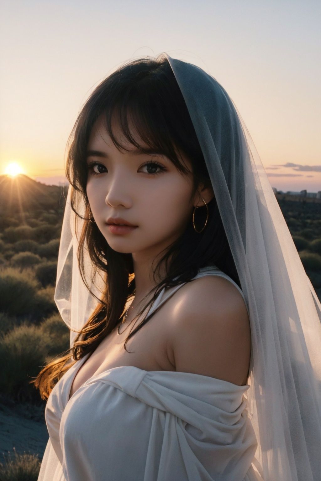 1girl,illustration,watercolor,sleepy,sunset,looking at viewer,upper body,bare shoulders,cinematic lighting,surrounded by heavy floating sand flow and floating sharp stones,detailed beautiful desert with cactus,extremely detailed eyes and face,ink,depth of field,extremely detailed,anime face,dramatic angle,medium breasts,8k wallpaper,bright eyes,an detailed organdie dress,messy long hair,veil,golden bracelet,long yarn,lens flare,light leaks,medium wind,detailed beautiful sky,{{masterpiece}},{{{best quality}}},{{ultra-detailed}},{{illustration}},{{disheveled hair}},Whimsical Atmosphere,surrealism,depth of field (dof),Close-Up(CU),medium close up,mood lighting,white and clean skin,<lora:KCW_V6:0.6>,<lora:FUJI_V1:0.7>,