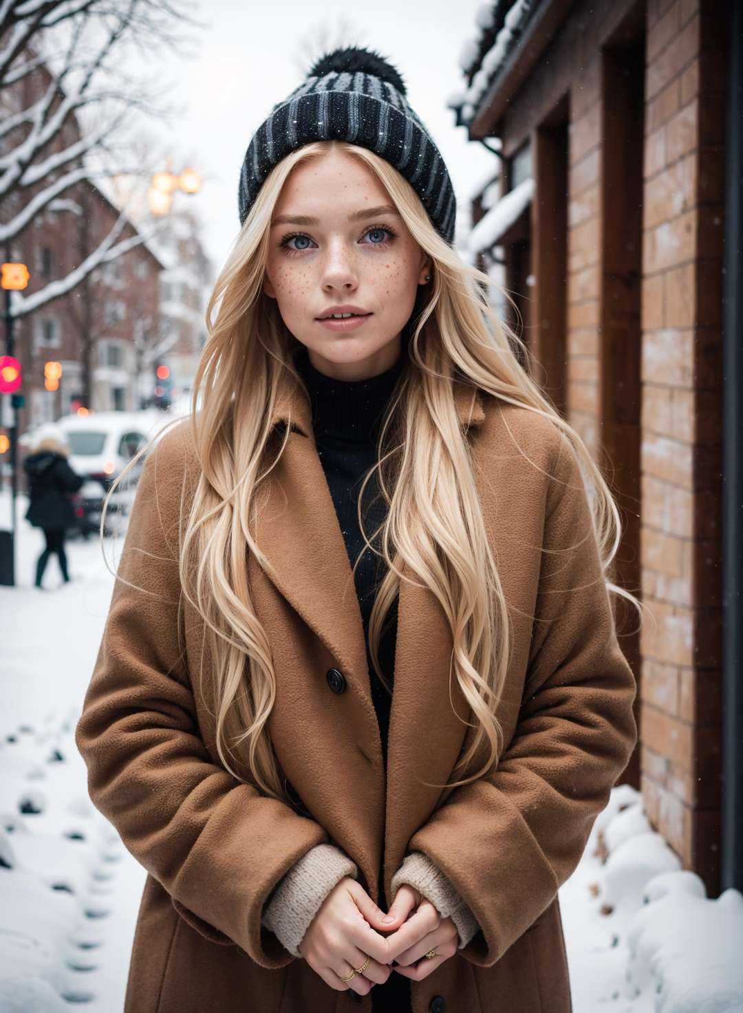 professional portrait photograph of a gorgeous Norwegian girl in winter clothing with long wavy blonde hair,  sultry flirt...