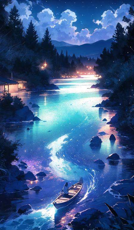 moonriver, boat,  moon, night, sky, scenery, solo, watercraft, outdoors,  water, blue theme, tree, shirt, night sky,  cloud, star (sky),  starry sky <lora:moonriver-noise:1>