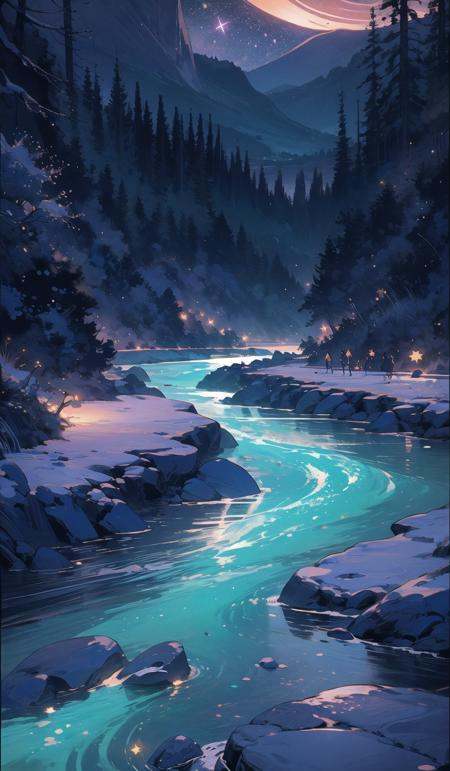 moonriver, scenery, sky, night, star (sky), starry sky, outdoors, water, night sky, nature, rock, glowing, tree, no humans, blue theme, river  <lora:moonriver-noise:1>